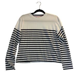 AYR Brenton Stripe Long Sleeve Top Large White Black Pima Cropped Shirt Nautical